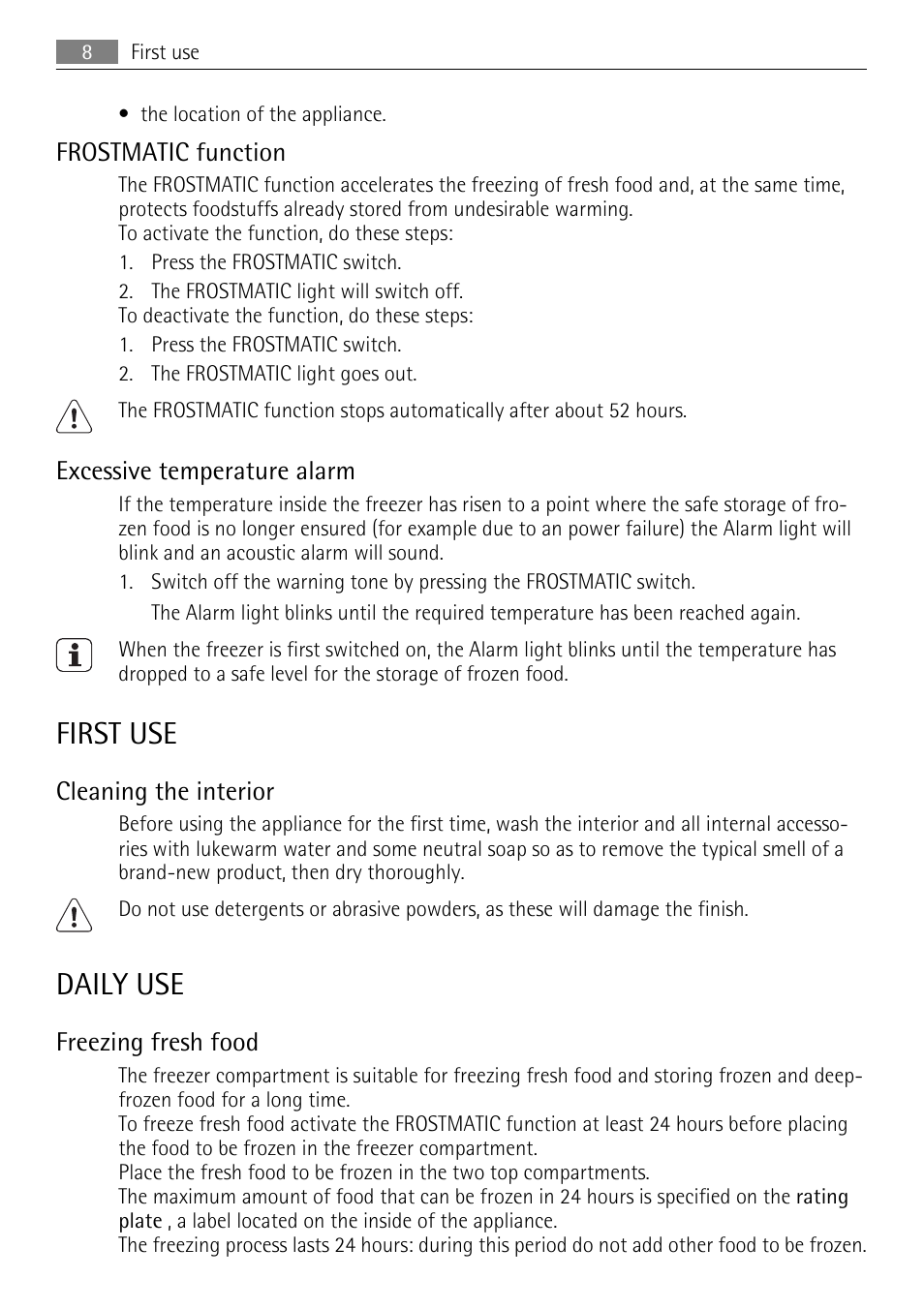 First use, Daily use, Frostmatic function | Excessive temperature alarm, Cleaning the interior, Freezing fresh food | AEG AGS58200F0 User Manual | Page 8 / 84