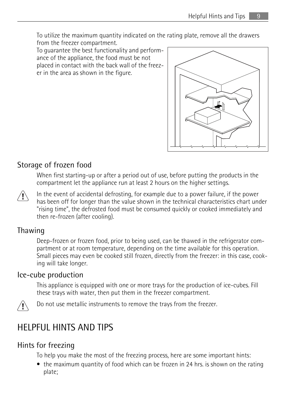 Helpful hints and tips, Storage of frozen food, Thawing | Ice-cube production, Hints for freezing | AEG AGS58200F0 User Manual | Page 9 / 84