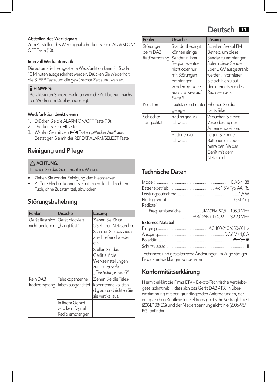 Deutsch, Reinigung und pflege, Störungsbehebung | Technische daten, Konformitätserklärung | AEG DAB 4138 schwarz User Manual | Page 11 / 46