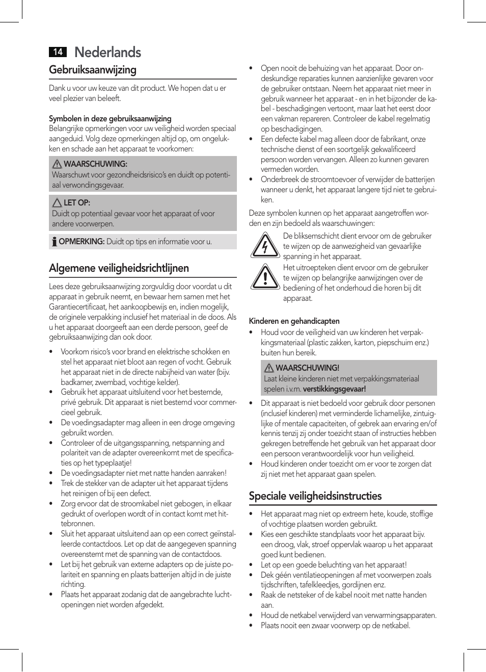 Nederlands, Gebruiksaanwijzing, Algemene veiligheidsrichtlijnen | Speciale veiligheidsinstructies | AEG DAB 4138 schwarz User Manual | Page 14 / 46