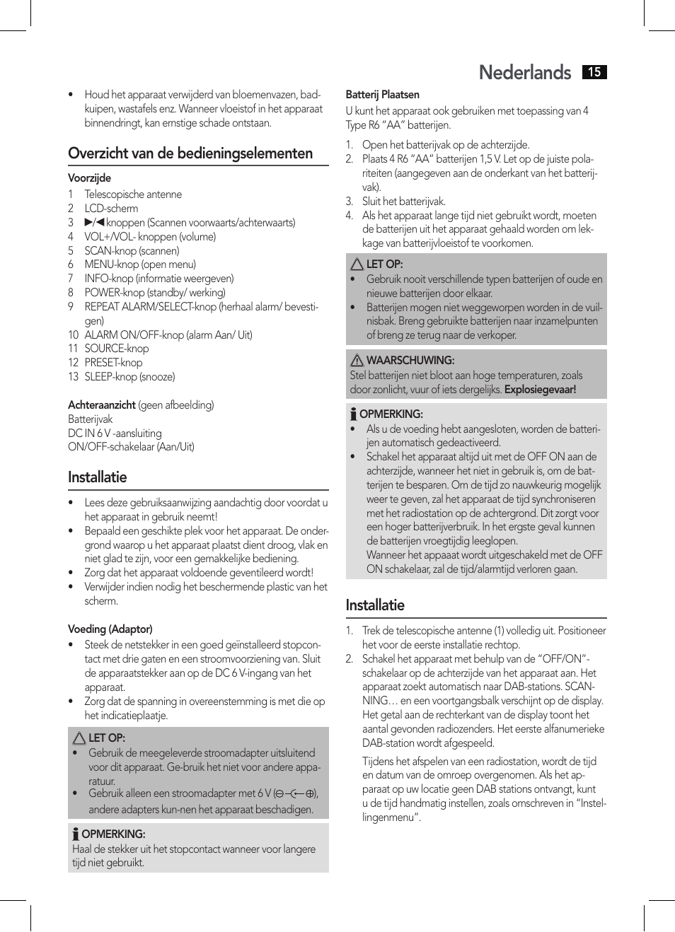 Nederlands, Overzicht van de bedieningselementen, Installatie | AEG DAB 4138 schwarz User Manual | Page 15 / 46