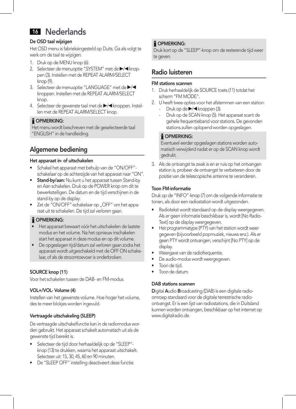 Nederlands, Algemene bediening, Radio luisteren | AEG DAB 4138 schwarz User Manual | Page 16 / 46