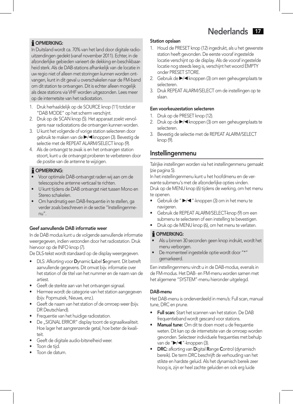 Nederlands, Instellingenmenu | AEG DAB 4138 schwarz User Manual | Page 17 / 46