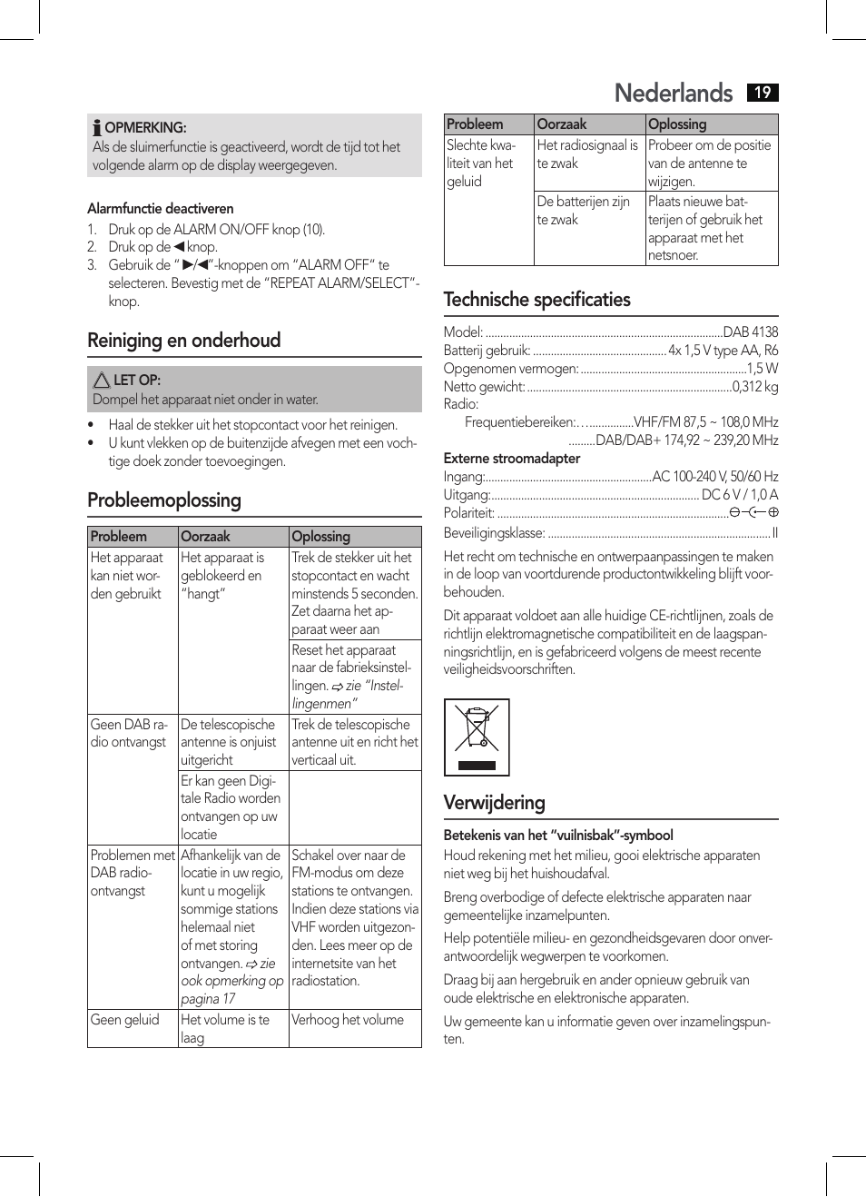 Nederlands, Reiniging en onderhoud, Probleemoplossing | Technische specificaties, Verwijdering | AEG DAB 4138 schwarz User Manual | Page 19 / 46