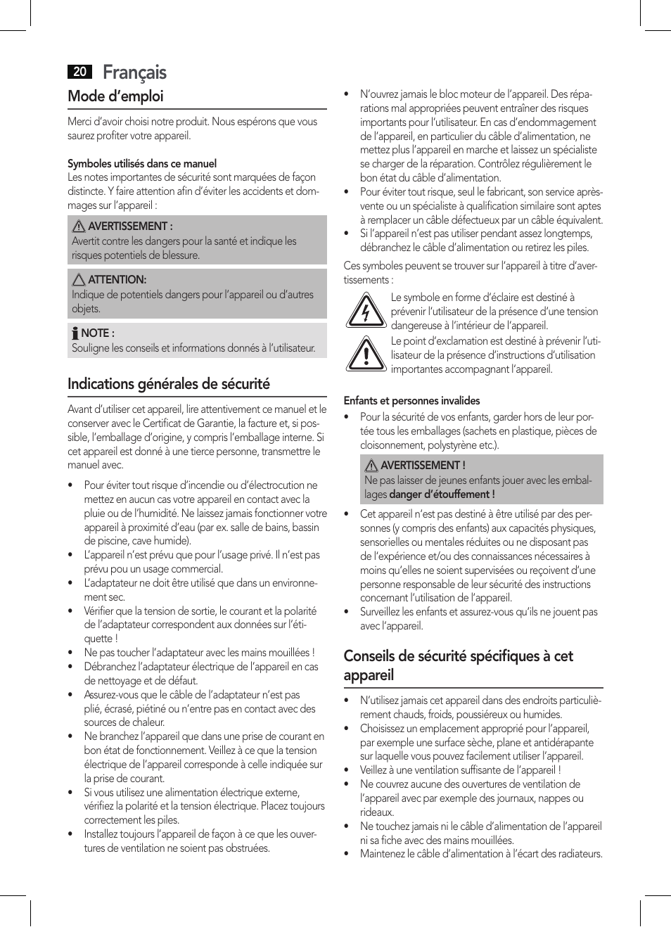 Français, Mode d’emploi, Indications générales de sécurité | Conseils de sécurité spécifiques à cet appareil | AEG DAB 4138 schwarz User Manual | Page 20 / 46
