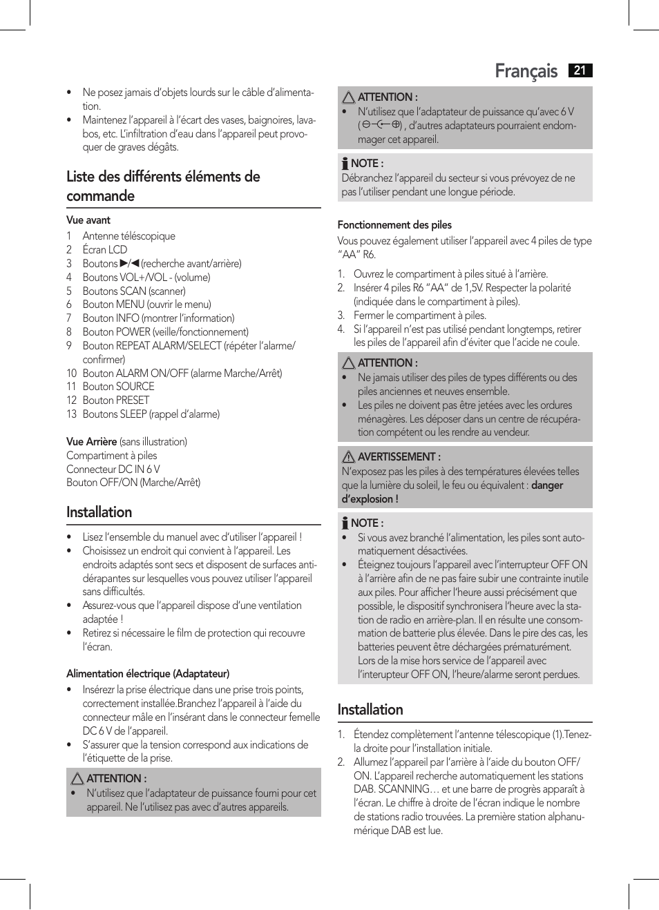 Français, Liste des différents éléments de commande, Installation | AEG DAB 4138 schwarz User Manual | Page 21 / 46