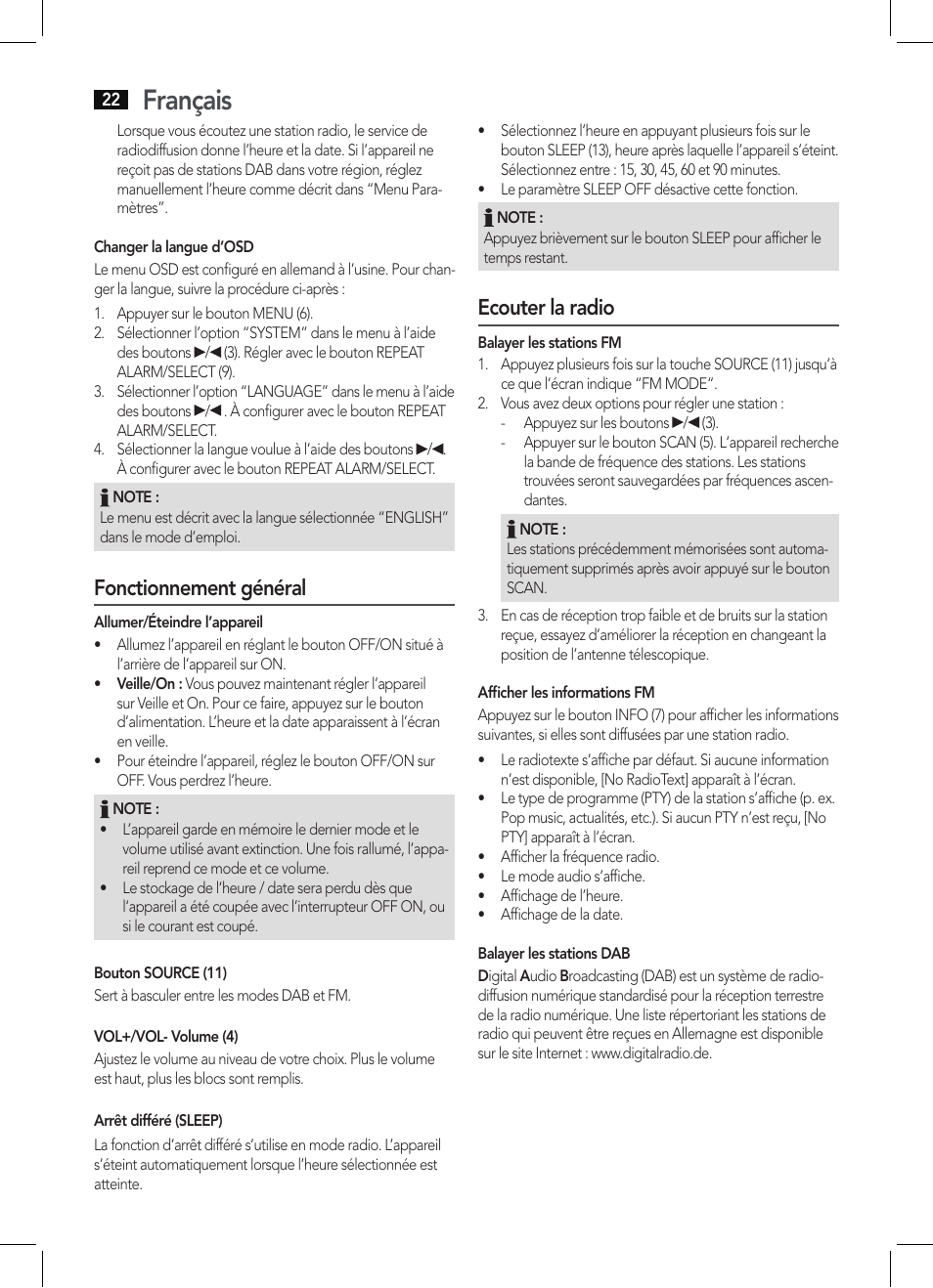 Français, Fonctionnement général, Ecouter la radio | AEG DAB 4138 schwarz User Manual | Page 22 / 46