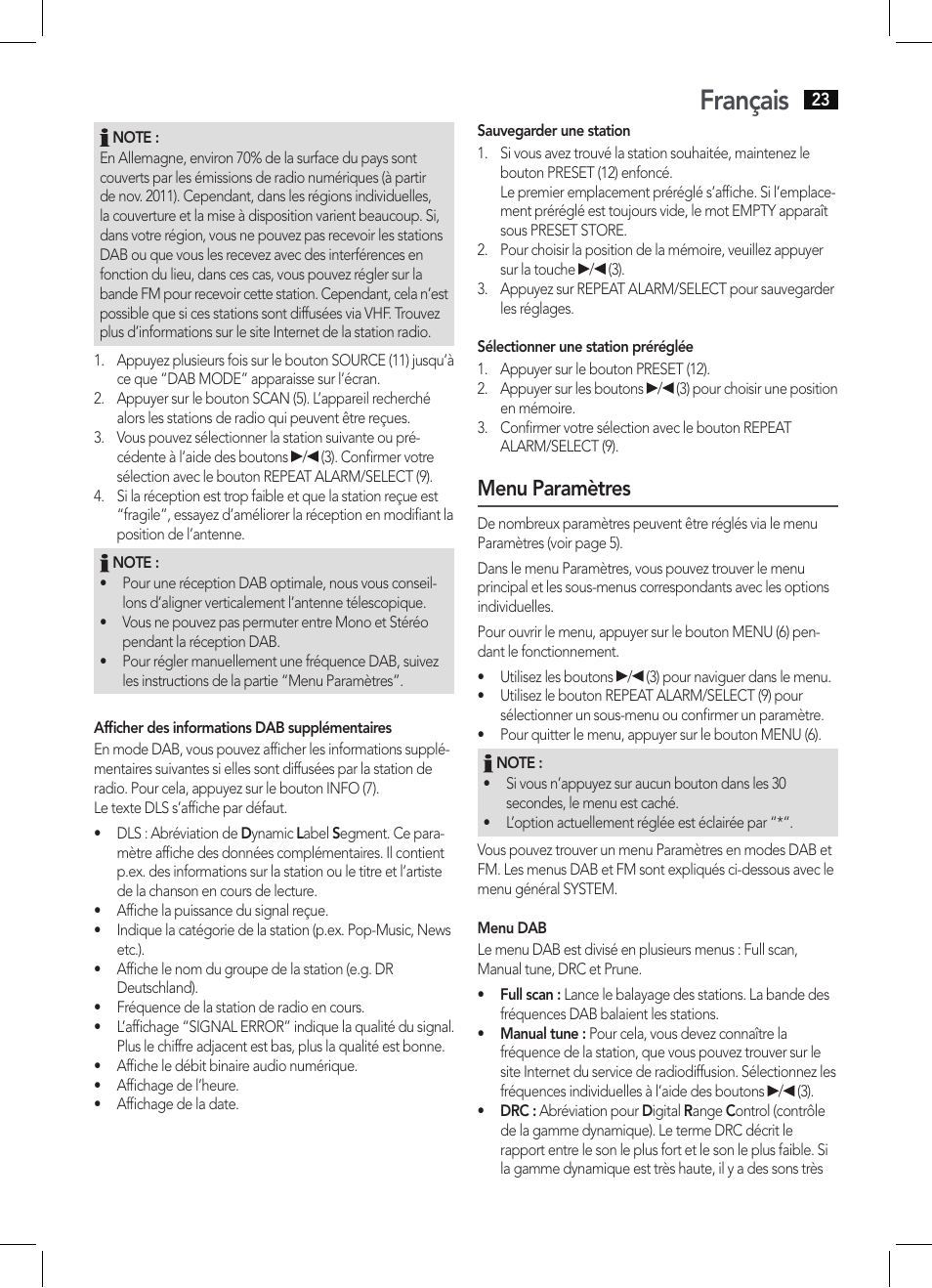 Français, Menu paramètres | AEG DAB 4138 schwarz User Manual | Page 23 / 46