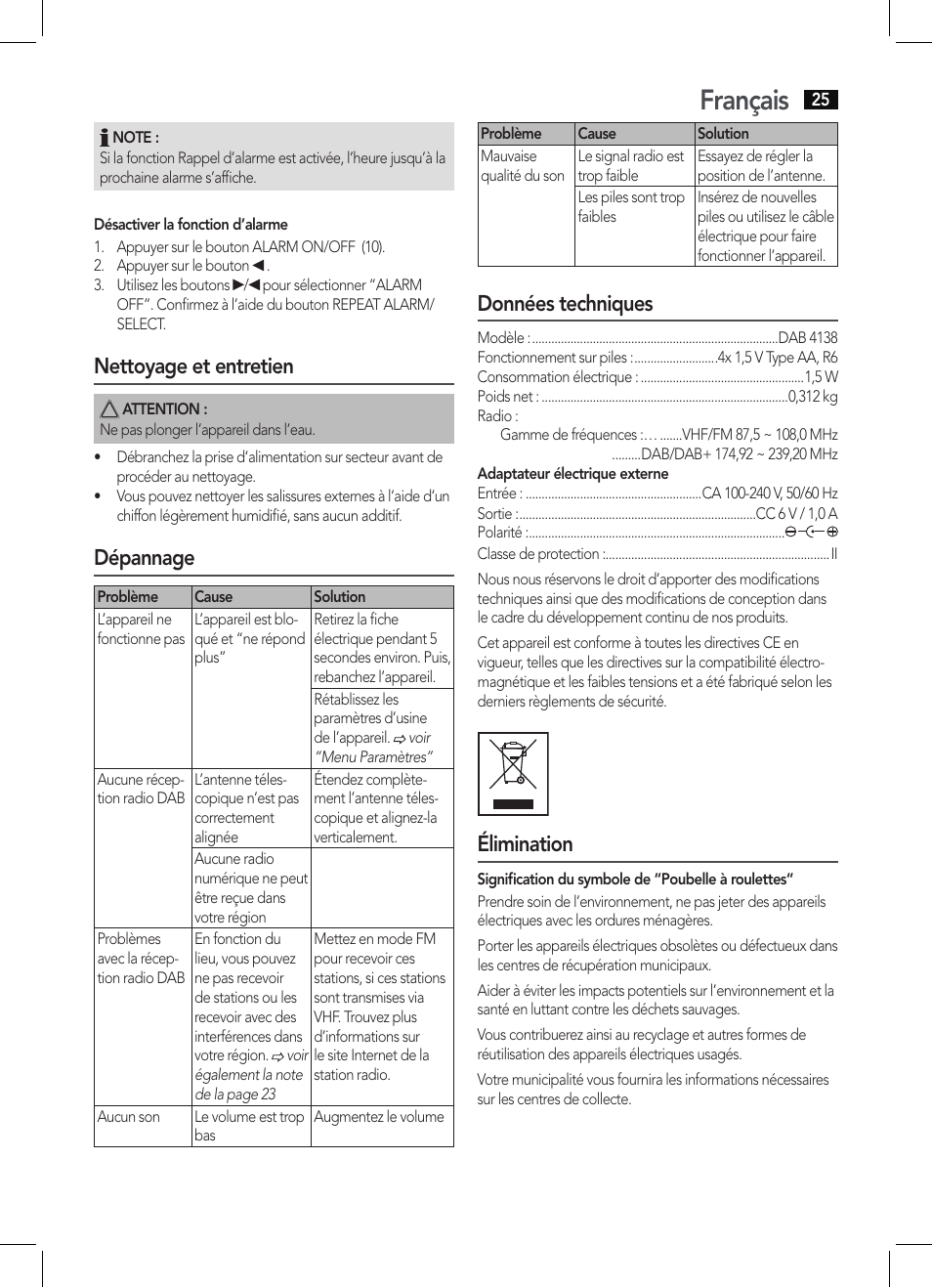 Français, Nettoyage et entretien, Dépannage | Données techniques, Élimination | AEG DAB 4138 schwarz User Manual | Page 25 / 46
