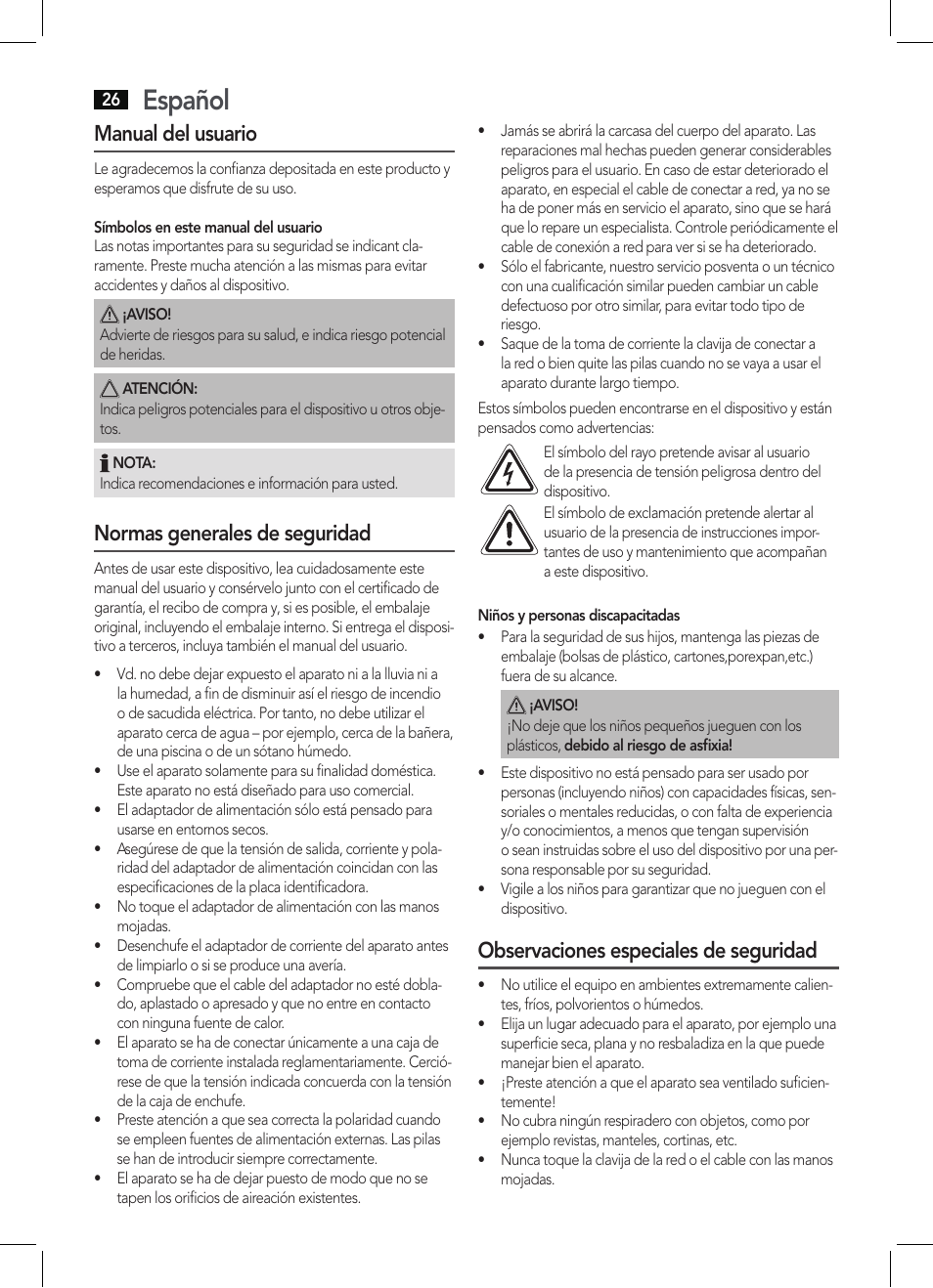 Español, Manual del usuario, Normas generales de seguridad | Observaciones especiales de seguridad | AEG DAB 4138 schwarz User Manual | Page 26 / 46