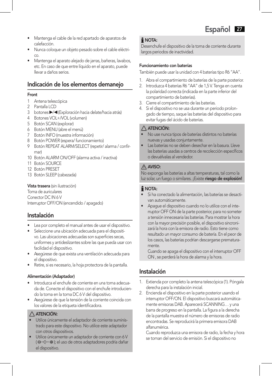 Español, Indicación de los elementos demanejo, Instalación | AEG DAB 4138 schwarz User Manual | Page 27 / 46