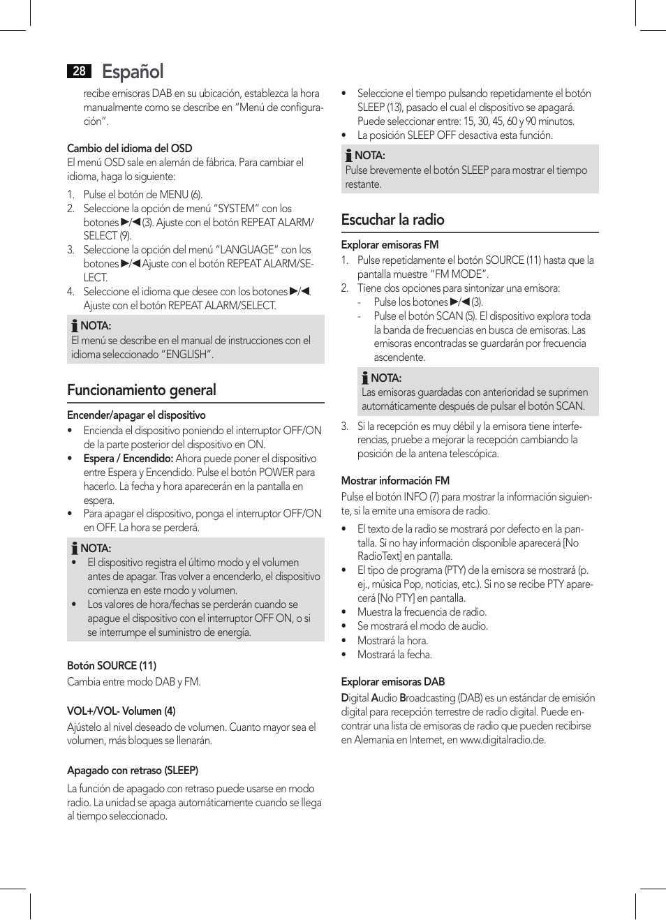 Español, Funcionamiento general, Escuchar la radio | AEG DAB 4138 schwarz User Manual | Page 28 / 46