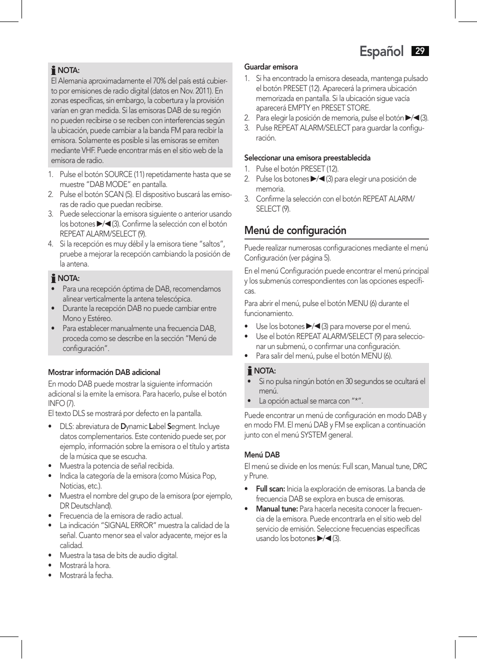 Español, Menú de configuración | AEG DAB 4138 schwarz User Manual | Page 29 / 46