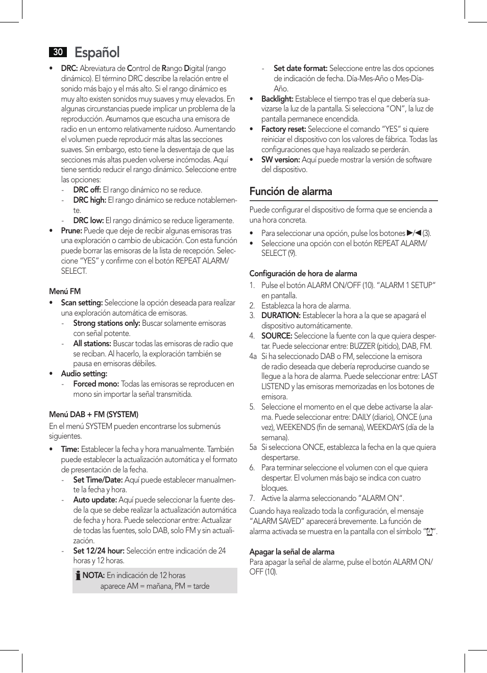 Español, Función de alarma | AEG DAB 4138 schwarz User Manual | Page 30 / 46