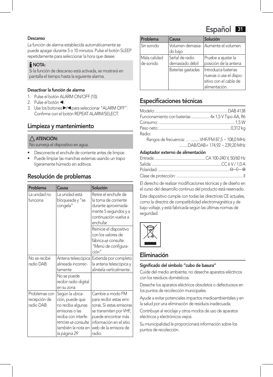 Español, Limpieza y mantenimiento, Resolución de problemas | Especificaciones técnicas, Eliminación | AEG DAB 4138 schwarz User Manual | Page 31 / 46