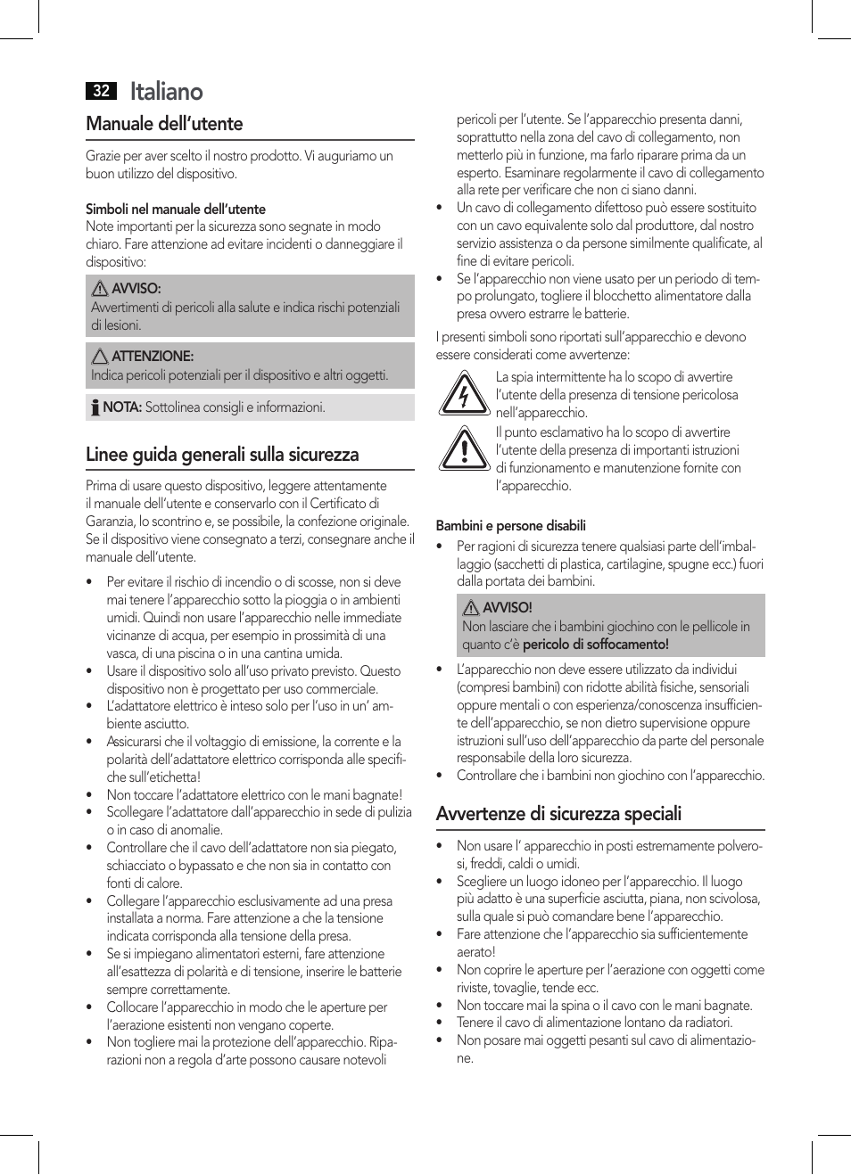 Italiano, Manuale dell‘utente, Linee guida generali sulla sicurezza | Avvertenze di sicurezza speciali | AEG DAB 4138 schwarz User Manual | Page 32 / 46