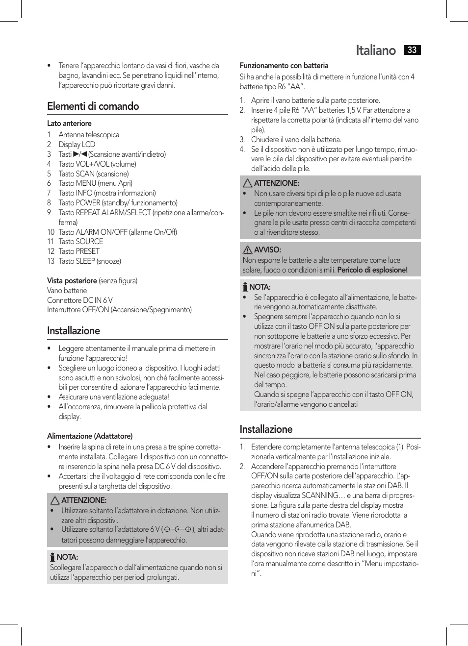 Italiano, Elementi di comando, Installazione | AEG DAB 4138 schwarz User Manual | Page 33 / 46