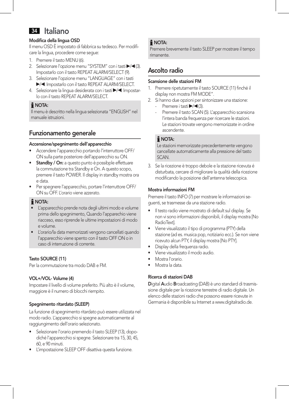 Italiano, Funzionamento generale, Ascolto radio | AEG DAB 4138 schwarz User Manual | Page 34 / 46