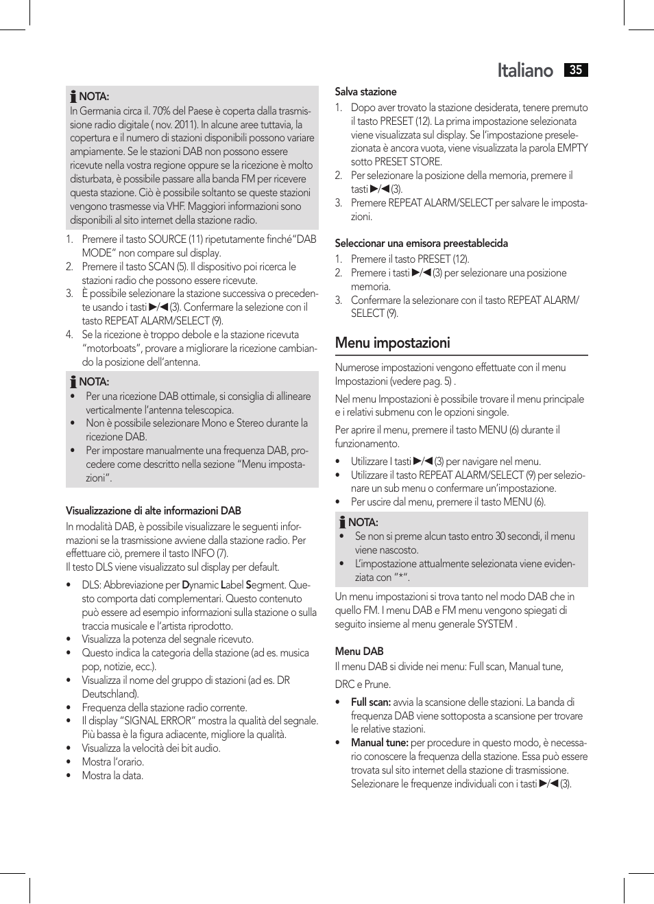 Italiano, Menu impostazioni | AEG DAB 4138 schwarz User Manual | Page 35 / 46