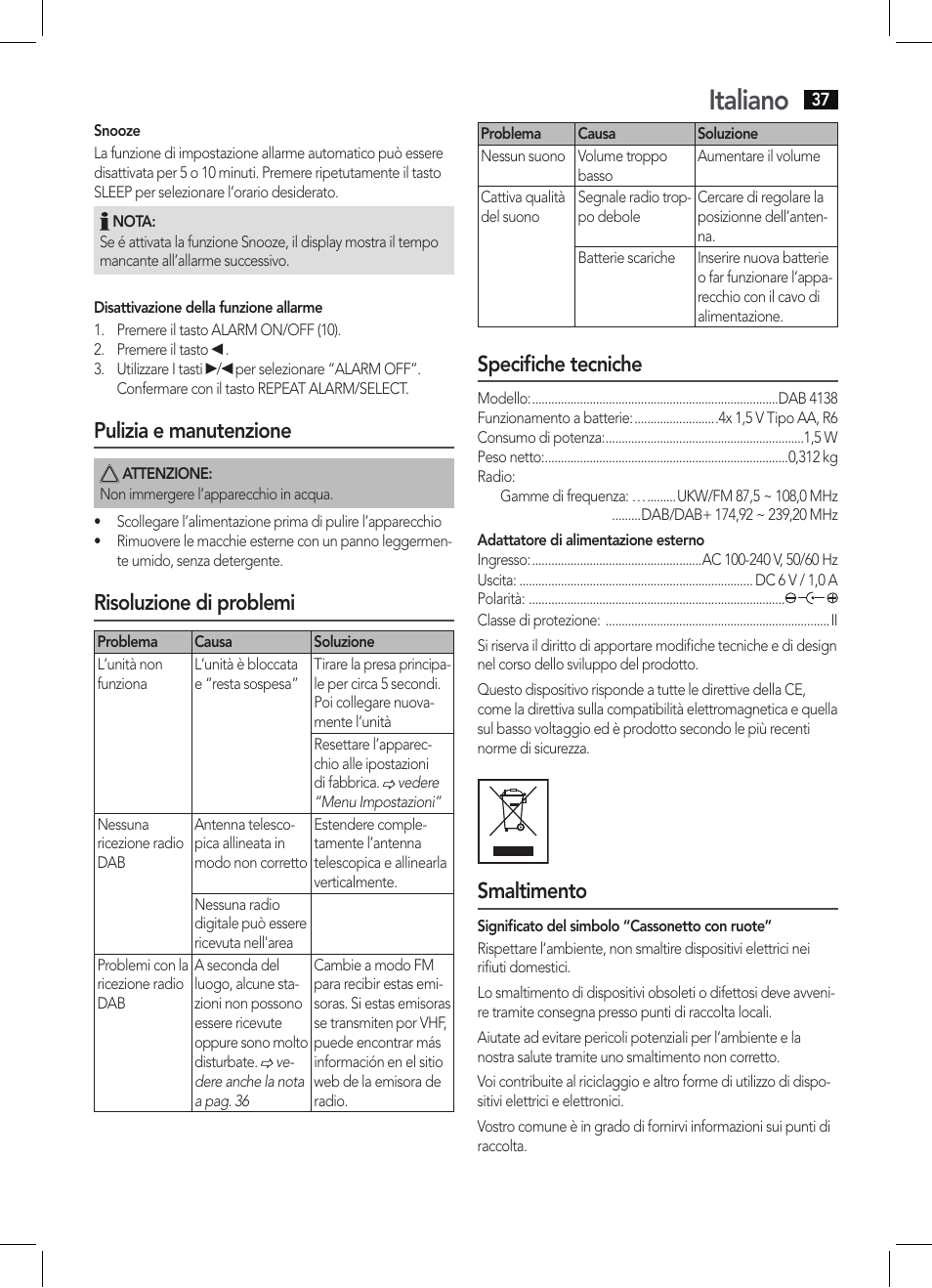 Italiano, Pulizia e manutenzione, Risoluzione di problemi | Specifiche tecniche, Smaltimento | AEG DAB 4138 schwarz User Manual | Page 37 / 46