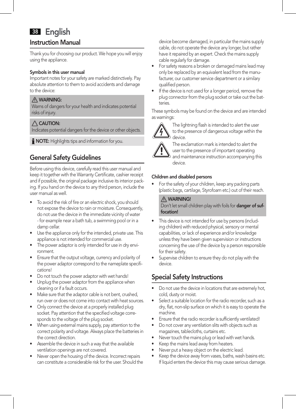 English, Instruction manual, General safety guidelines | Special safety instructions | AEG DAB 4138 schwarz User Manual | Page 38 / 46