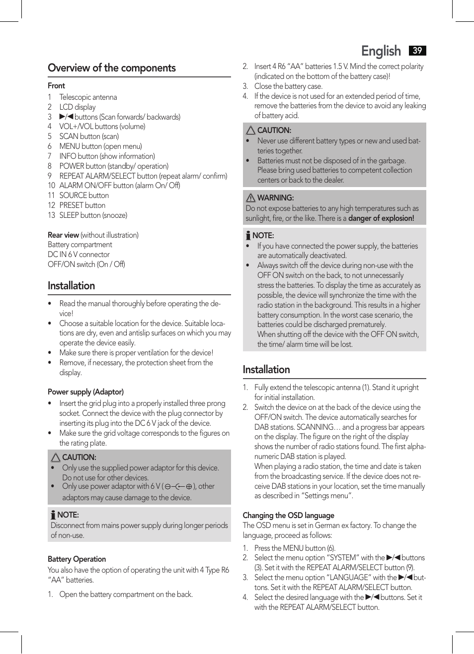 English, Overview of the components, Installation | AEG DAB 4138 schwarz User Manual | Page 39 / 46