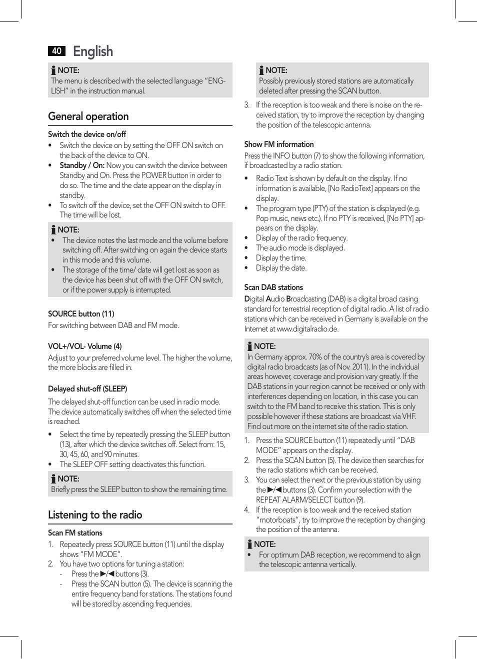 English, General operation, Listening to the radio | AEG DAB 4138 schwarz User Manual | Page 40 / 46