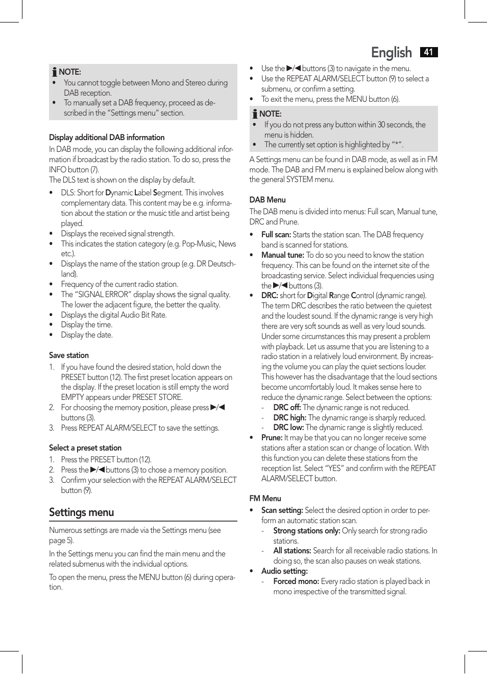 English, Settings menu | AEG DAB 4138 schwarz User Manual | Page 41 / 46