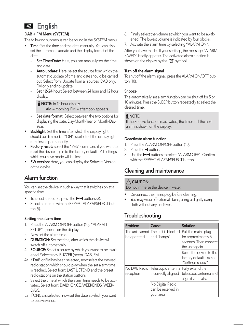 English, Alarm function, Cleaning and maintenance | Troubleshooting | AEG DAB 4138 schwarz User Manual | Page 42 / 46