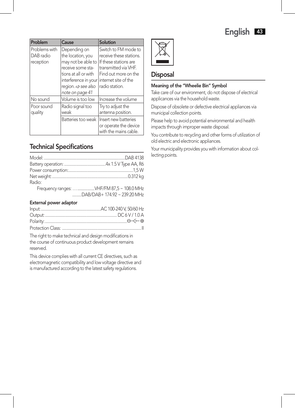 English, Technical specifications, Disposal | AEG DAB 4138 schwarz User Manual | Page 43 / 46