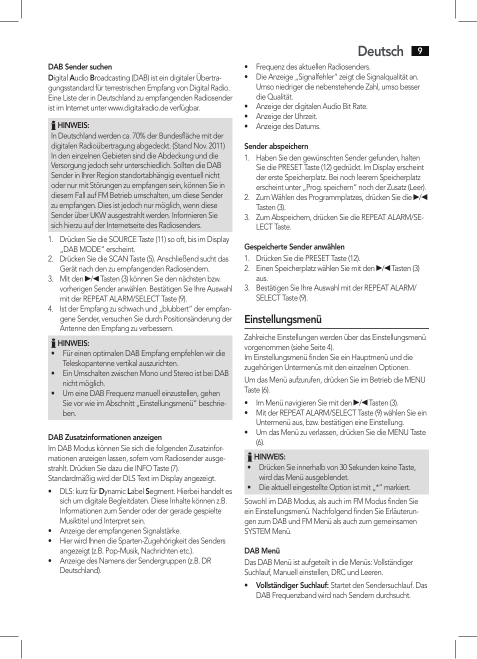 Deutsch, Einstellungsmenü | AEG DAB 4138 schwarz User Manual | Page 9 / 46