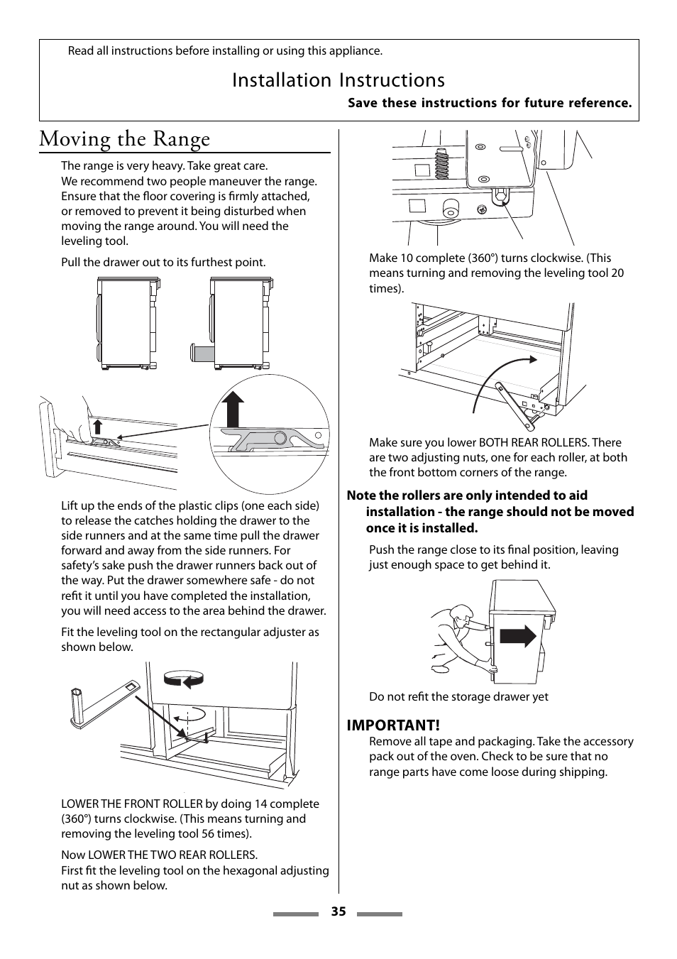 Moving the range, Installation instructions | Aga Ranges Legacy 44 User Manual | Page 35 / 48