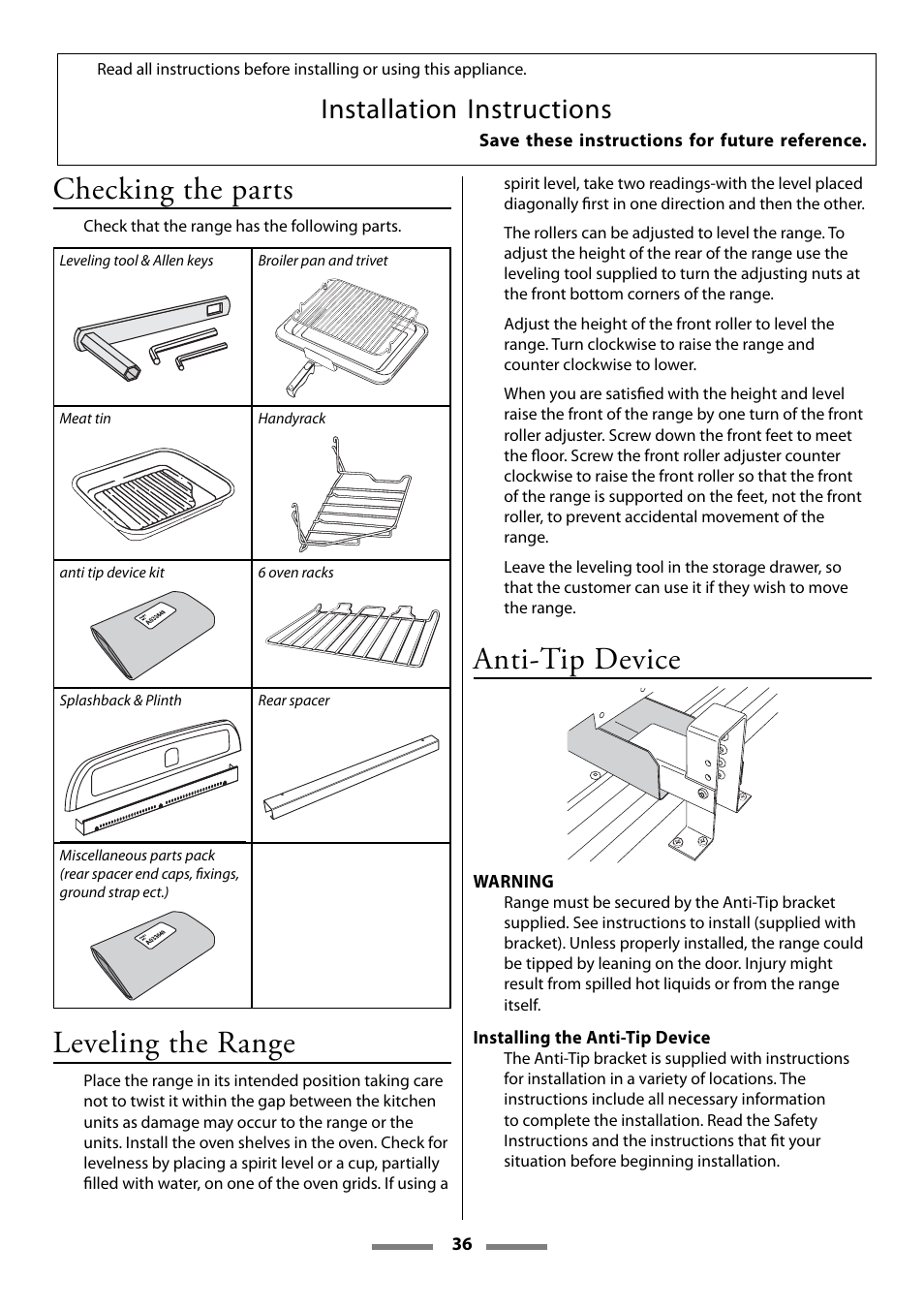 Checking the parts, Leveling the range, Anti-tip device | Installation instructions | Aga Ranges Legacy 44 User Manual | Page 36 / 48