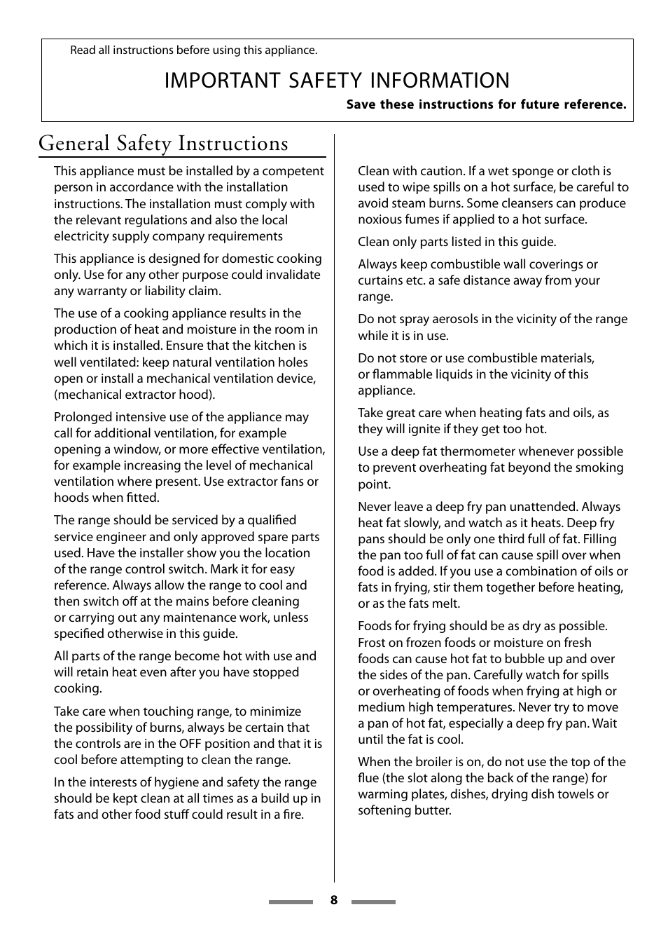 Important safety information, General safety instructions | Aga Ranges Legacy 44 User Manual | Page 8 / 48