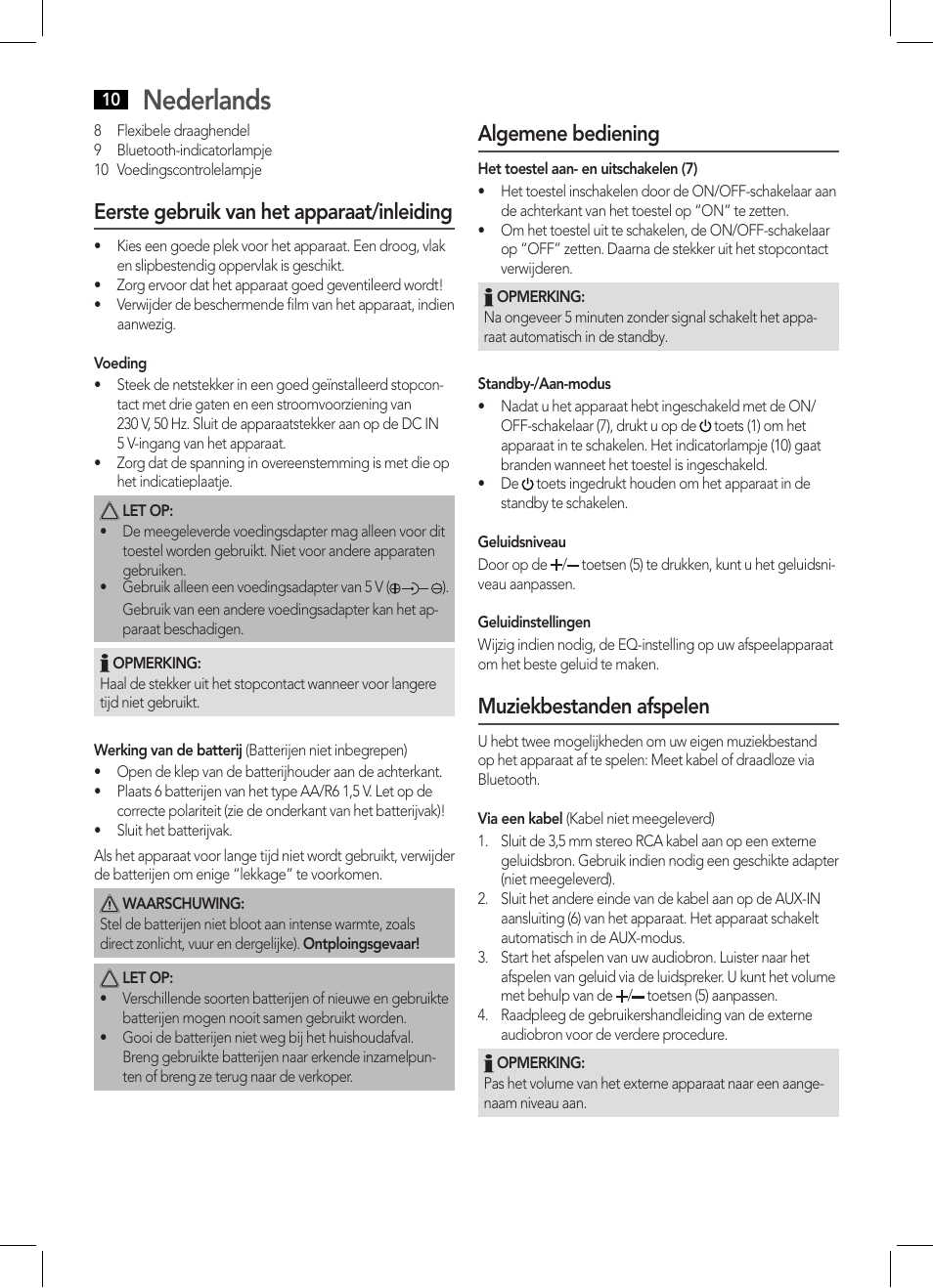 Nederlands, Eerste gebruik van het apparaat/inleiding, Algemene bediening | Muziekbestanden afspelen | AEG BSS 4800 User Manual | Page 10 / 46