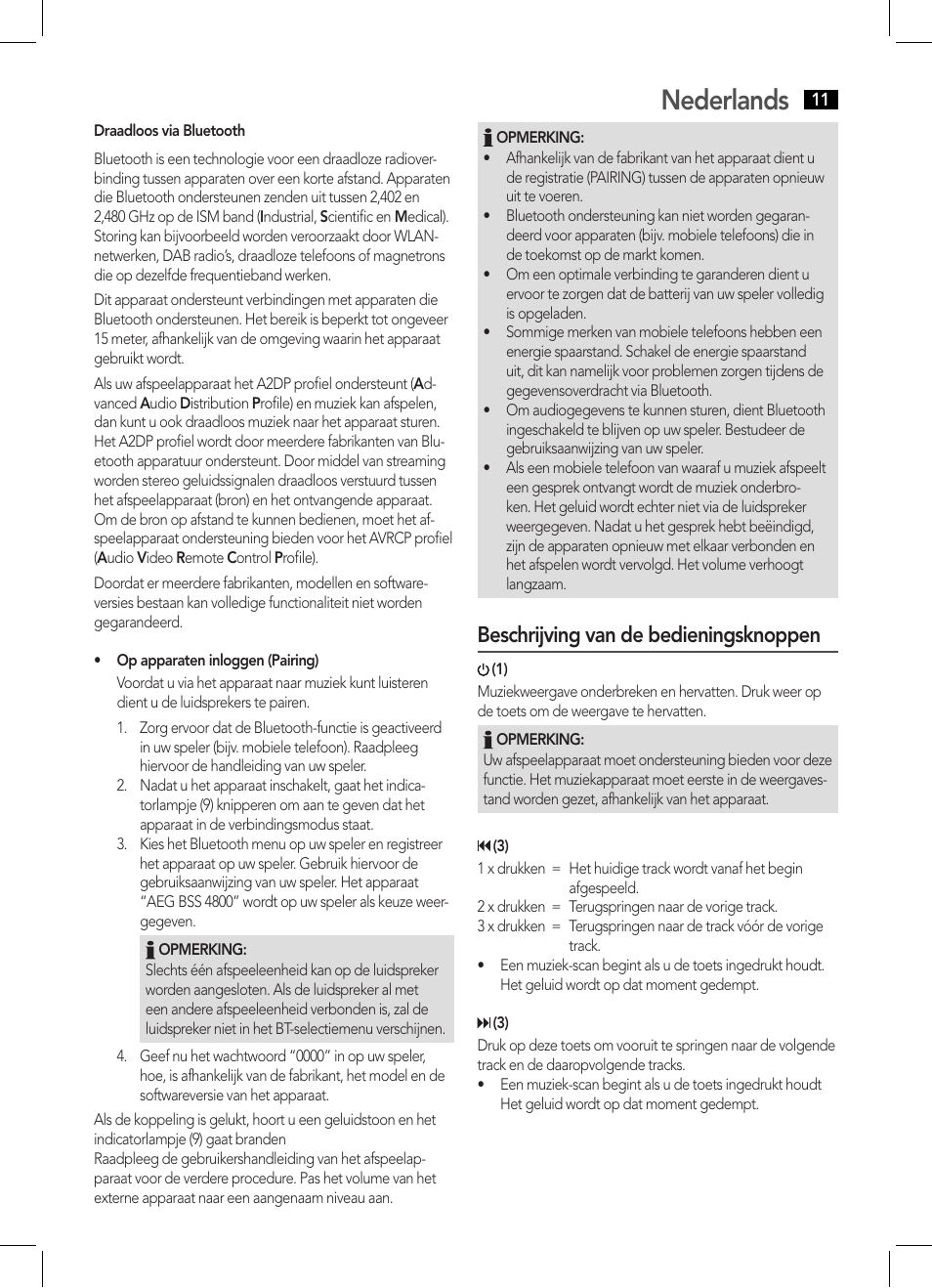 Nederlands, Beschrijving van de bedieningsknoppen | AEG BSS 4800 User Manual | Page 11 / 46