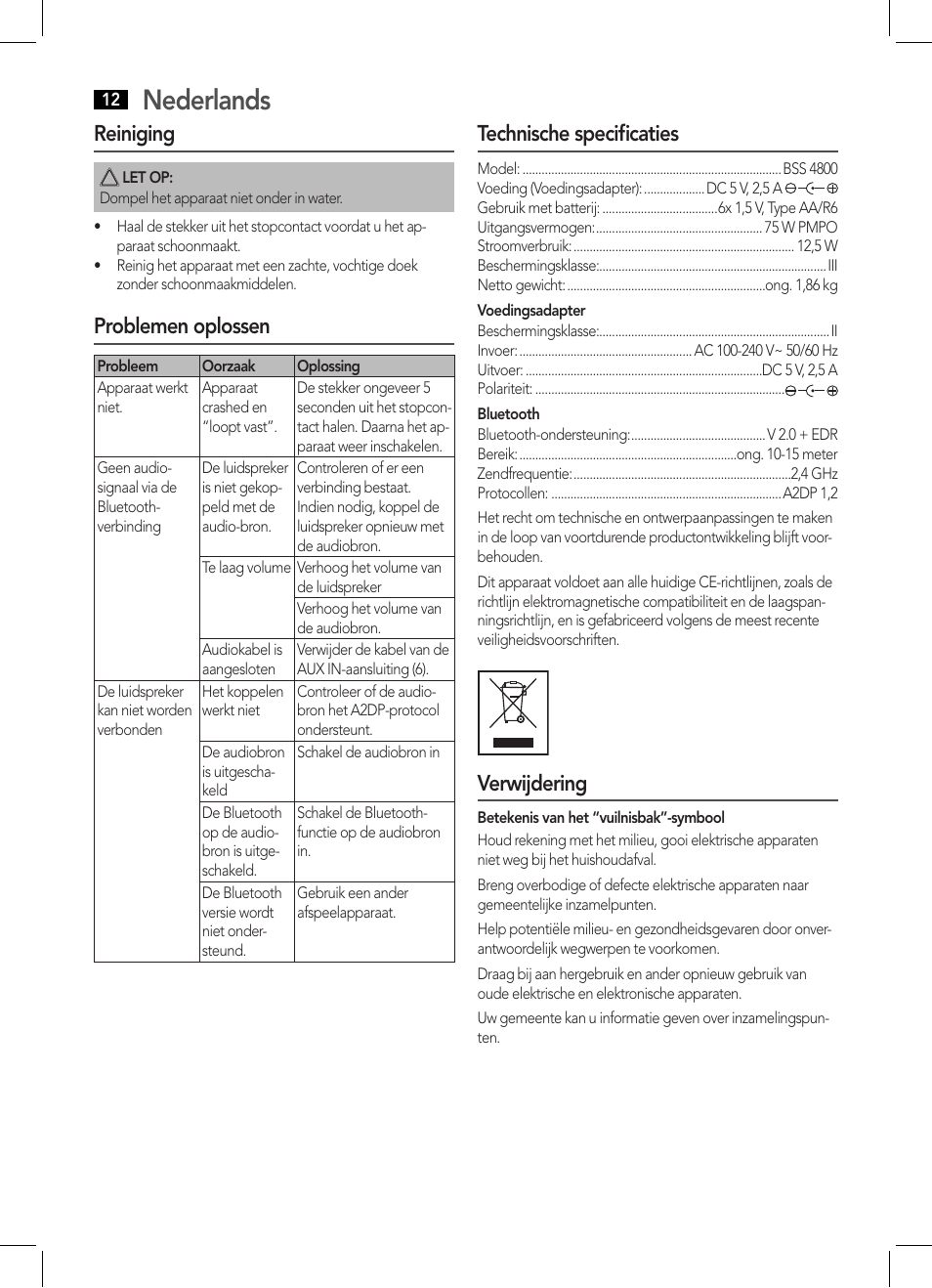 Nederlands, Reiniging, Problemen oplossen | Technische specificaties, Verwijdering | AEG BSS 4800 User Manual | Page 12 / 46