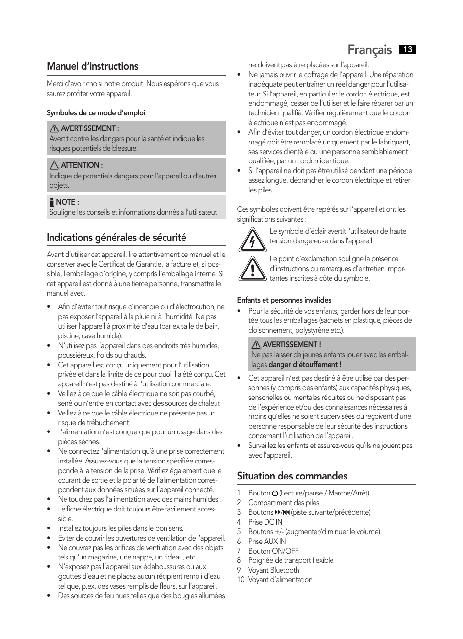 Français, Manuel d‘instructions, Indications générales de sécurité | Situation des commandes | AEG BSS 4800 User Manual | Page 13 / 46