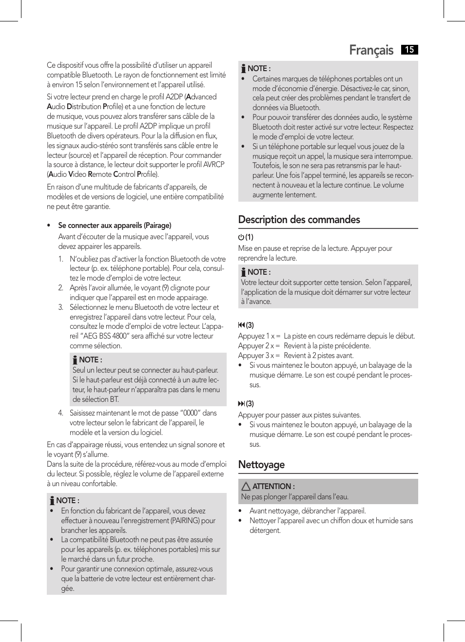 Français, Description des commandes, Nettoyage | AEG BSS 4800 User Manual | Page 15 / 46