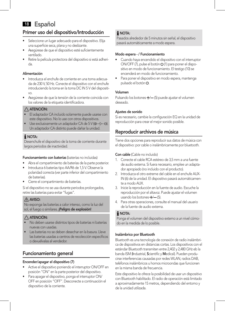 Español, Primer uso del dispositivo/introducción, Funcionamiento general | Reproducir archivos de música | AEG BSS 4800 User Manual | Page 18 / 46