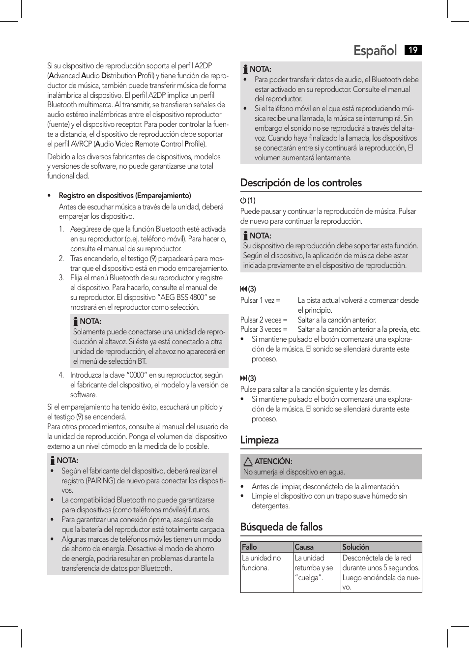 Español, Descripción de los controles, Limpieza | Búsqueda de fallos | AEG BSS 4800 User Manual | Page 19 / 46