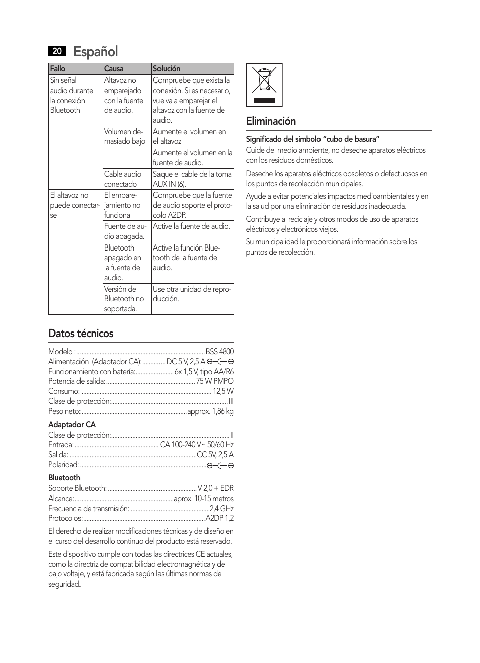 Español, Datos técnicos, Eliminación | AEG BSS 4800 User Manual | Page 20 / 46