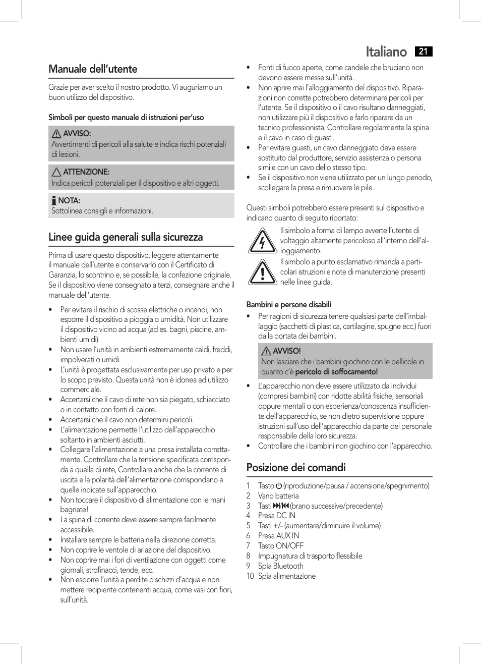 Italiano, Manuale dell’utente, Linee guida generali sulla sicurezza | Posizione dei comandi | AEG BSS 4800 User Manual | Page 21 / 46