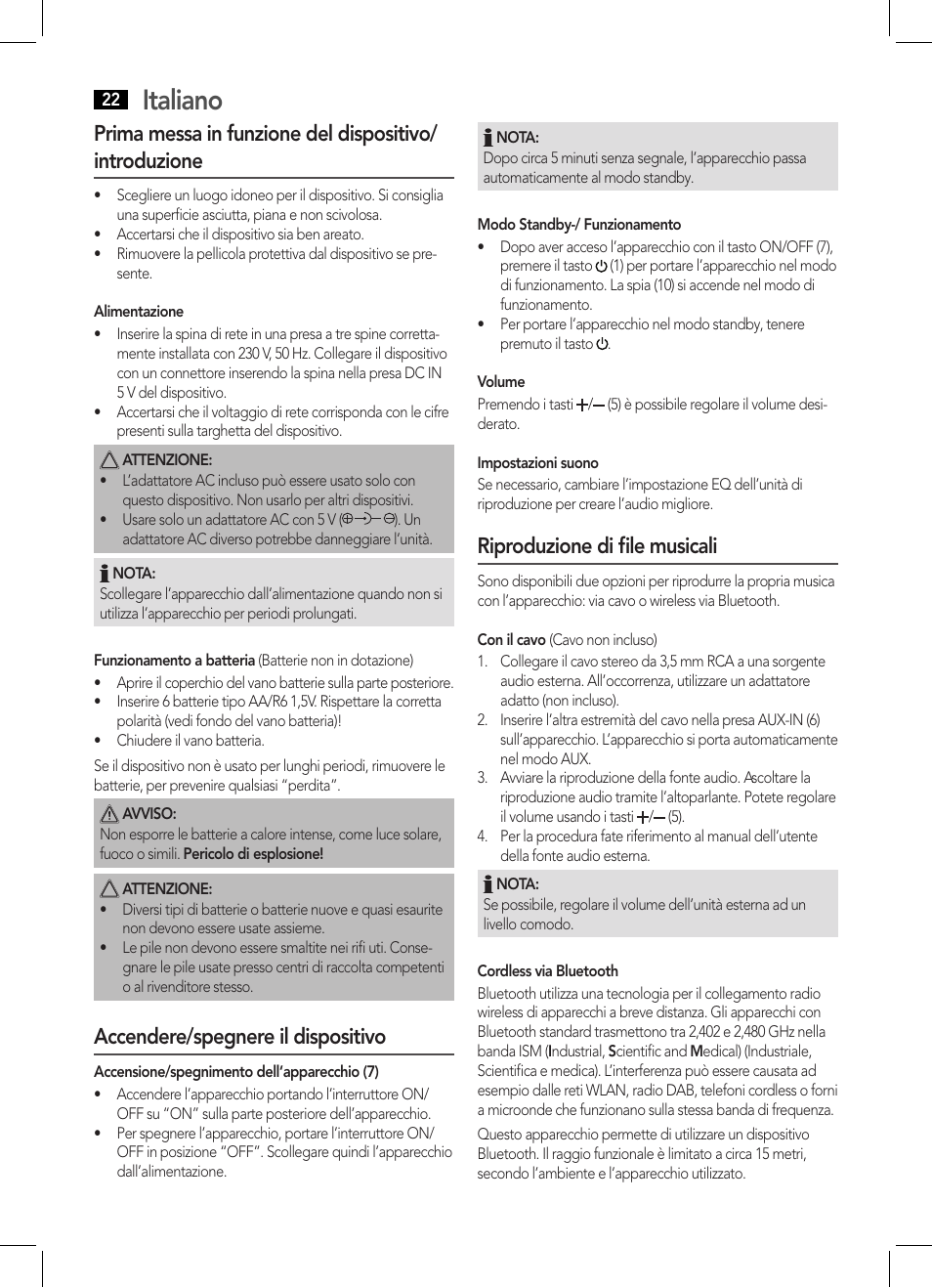 Italiano, Accendere/spegnere il dispositivo, Riproduzione di file musicali | AEG BSS 4800 User Manual | Page 22 / 46