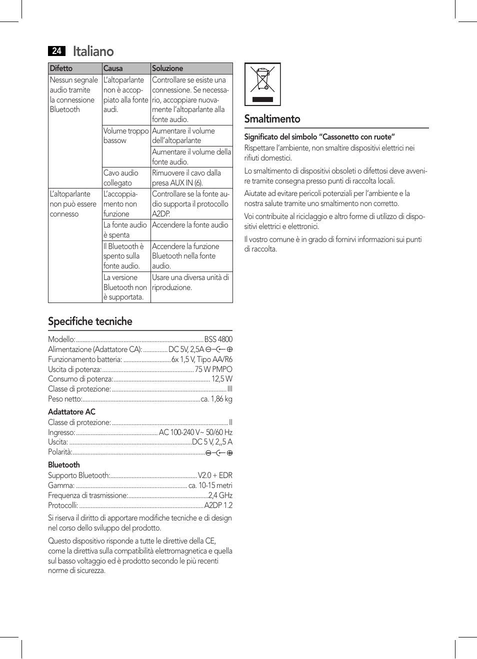 Italiano, Specifiche tecniche, Smaltimento | AEG BSS 4800 User Manual | Page 24 / 46