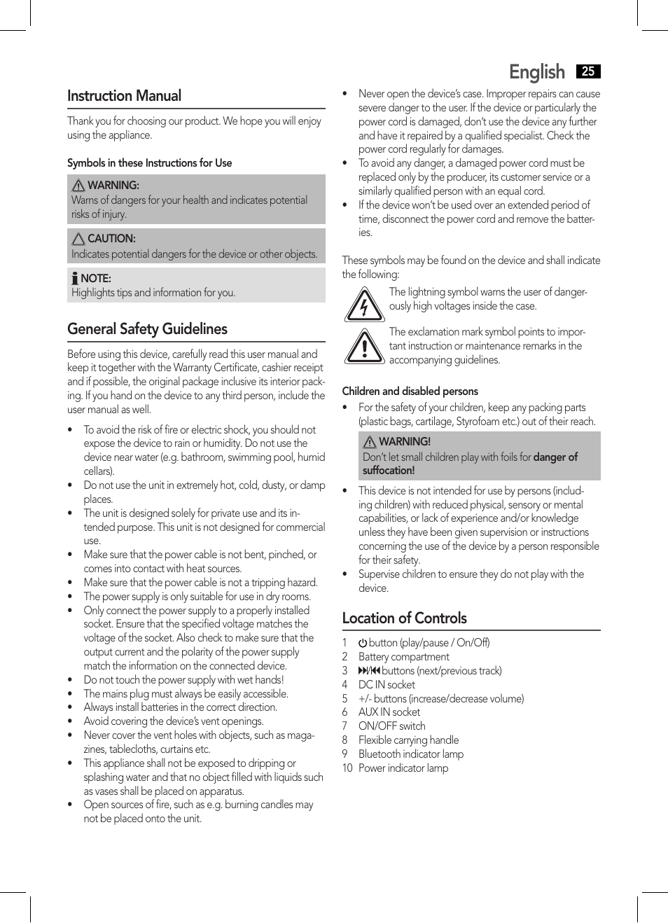 English, Instruction manual, General safety guidelines | Location of controls | AEG BSS 4800 User Manual | Page 25 / 46