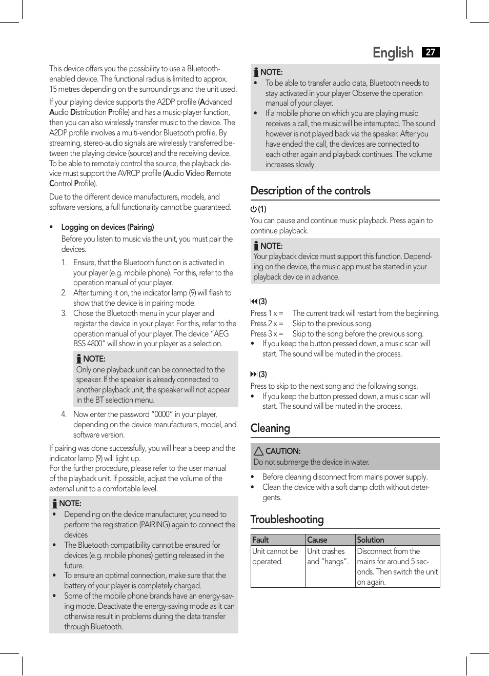 English, Description of the controls, Cleaning | Troubleshooting | AEG BSS 4800 User Manual | Page 27 / 46