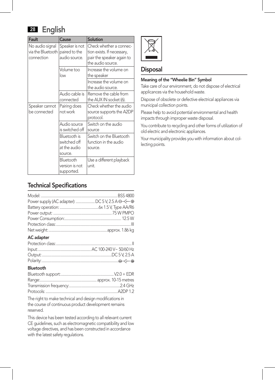 English, Technical specifications, Disposal | AEG BSS 4800 User Manual | Page 28 / 46