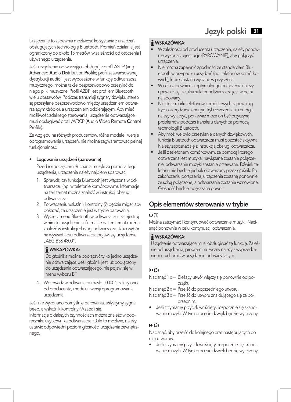 Język polski, Opis elementów sterowania w trybie | AEG BSS 4800 User Manual | Page 31 / 46