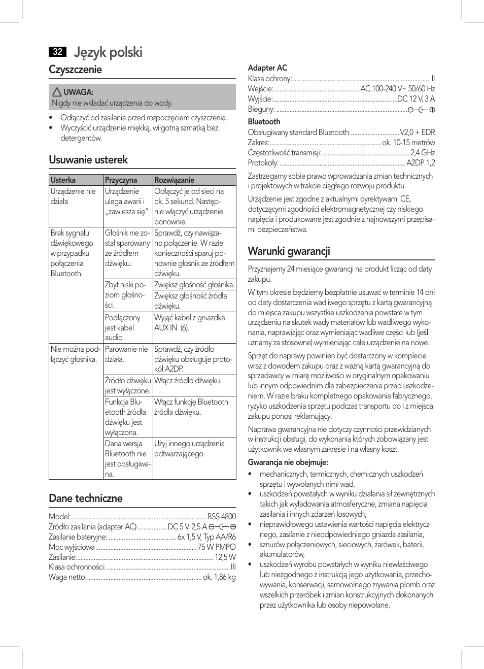Język polski, Czyszczenie, Usuwanie usterek | Dane techniczne, Warunki gwarancji | AEG BSS 4800 User Manual | Page 32 / 46
